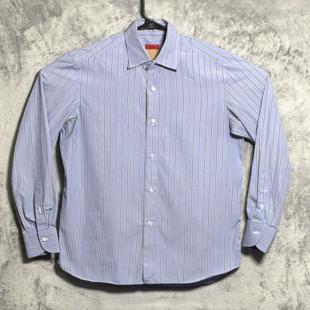 Isaia Napoli Dress Shirt Mens 15.5 Blue Brown Stripe Spread Collar Long Sleeve